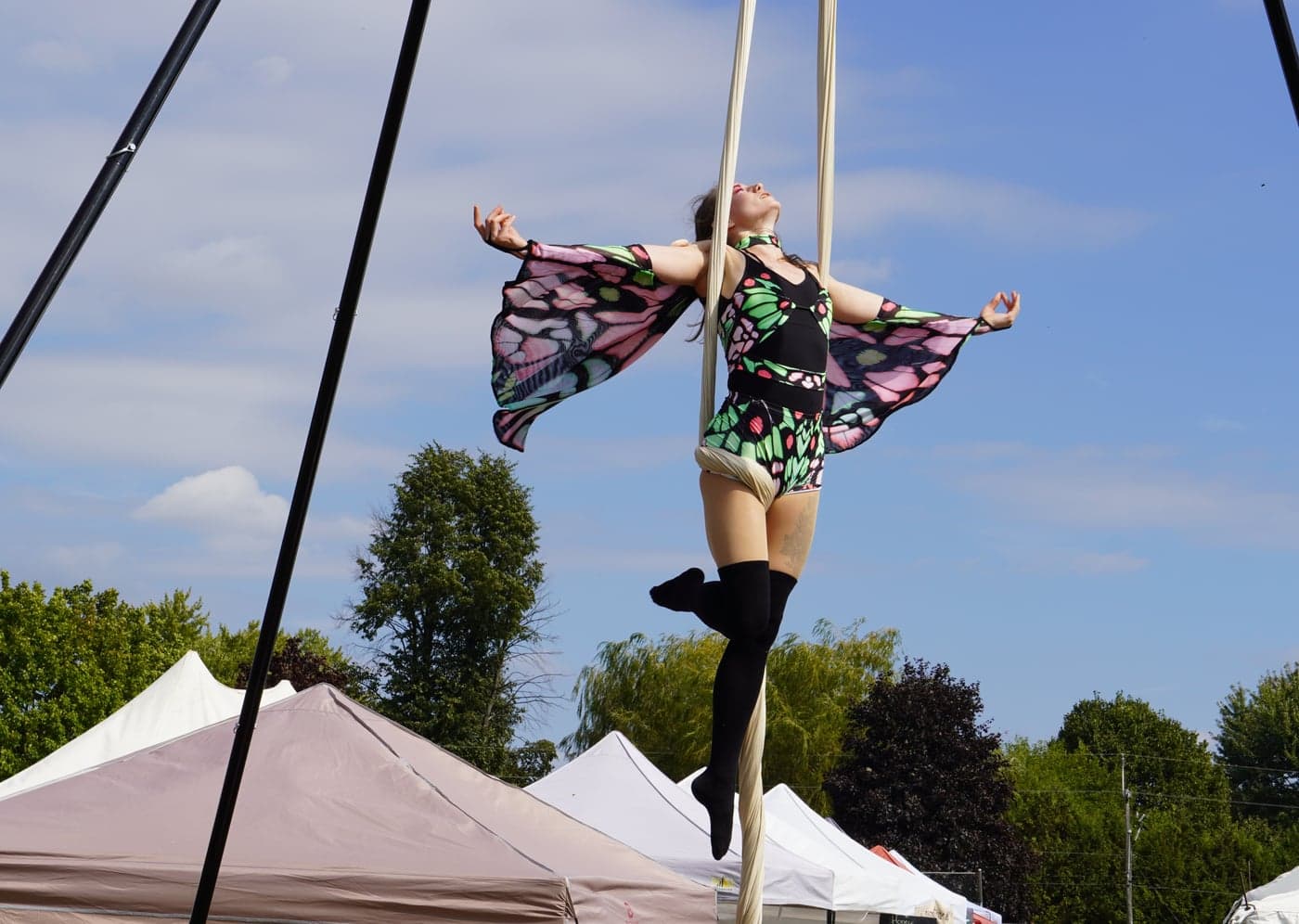 Kai performing on aerial silks outdoors at a festival, butterfly costume against blue sky